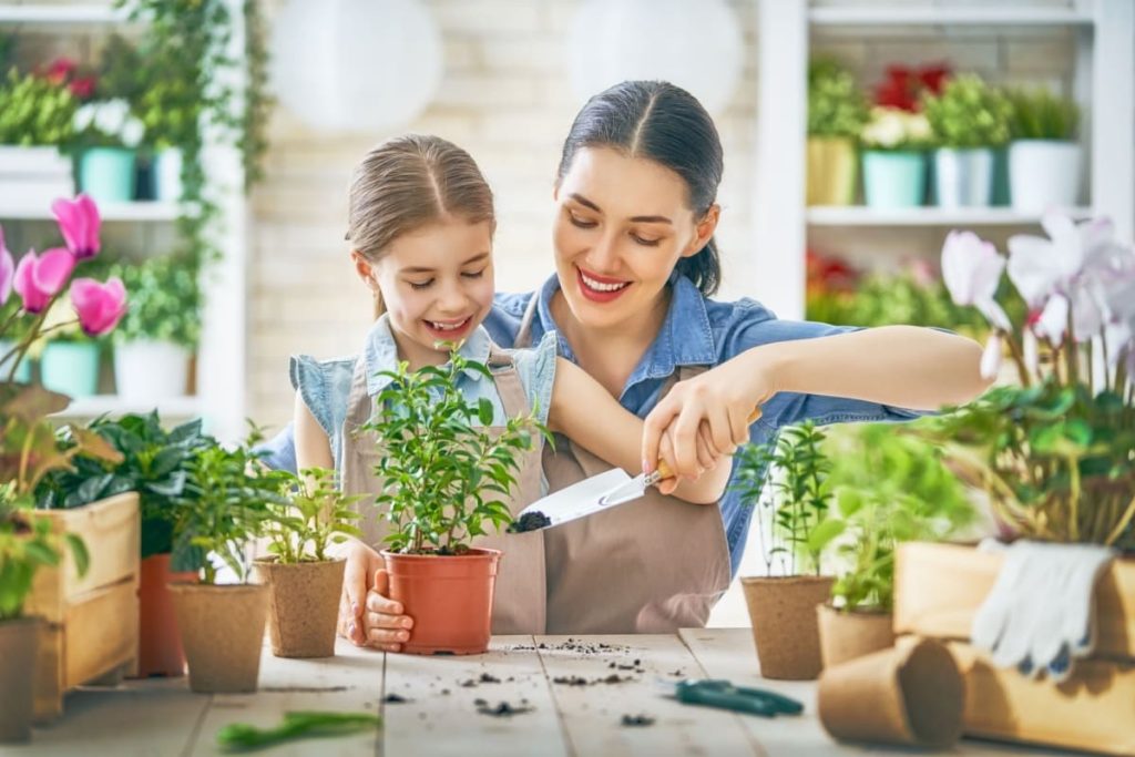femeie si fetita schimba pamantul plantelor din ghivece