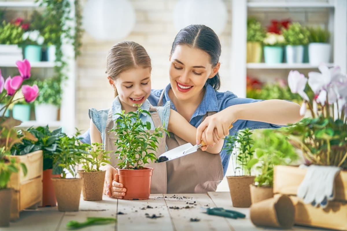 femeie si fetita schimba pamantul plantelor din ghivece